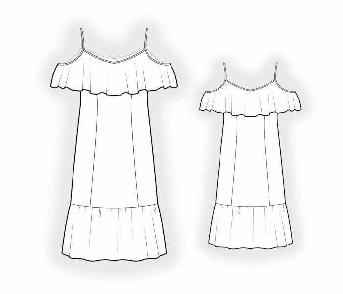 Готовая выкройка платья с открытыми плечами и широкой оборкой у декольте